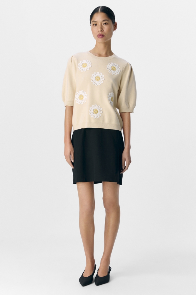 OBJREYNARD VERI 2/4 KNIT PULLOVER E 23047679 SANDSHELL/WHITE DAISY FLOWERS